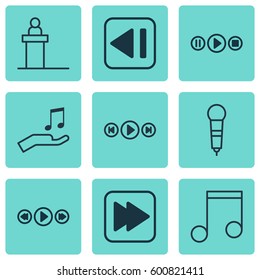 Set Of 9 Music Icons. Includes Music Control, Rostrum, Note And Other Symbols. Beautiful Design Elements.