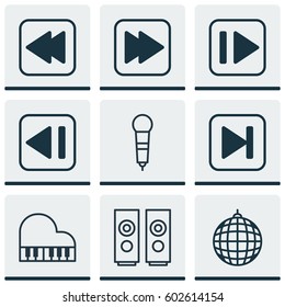 Set Of 9 Music Icons. Includes Following Song, Dance Club, Rewind Back And Other Symbols. Beautiful Design Elements.