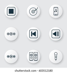 Set Of 9 Music Icons. Includes Music Control, Run Song Back, Stop Button And Other Symbols. Beautiful Design Elements.