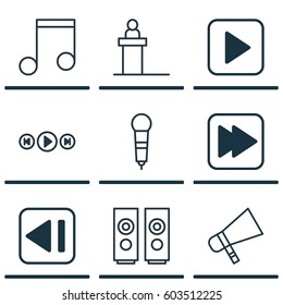 Set Of 9 Music Icons. Includes Microphone, Following Song, Rostrum And Other Symbols. Beautiful Design Elements.
