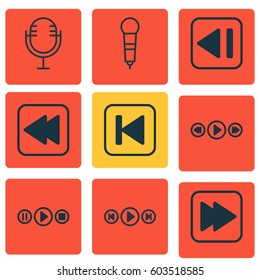 Set Of 9 Music Icons. Includes Rewind Back, Last Song, Audio Buttons And Other Symbols. Beautiful Design Elements.
