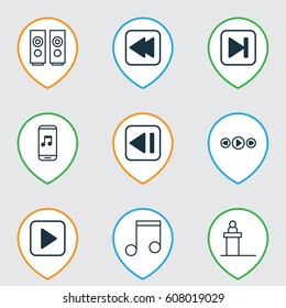 Set Of 9 Music Icons. Includes Start Song, Rewind Back, Audio Mobile And Other Symbols. Beautiful Design Elements.