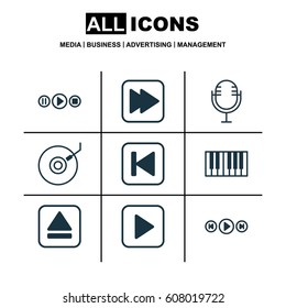 Set Of 9 Music Icons. Includes Mike, Extract Device, Audio Buttons And Other Symbols. Beautiful Design Elements.