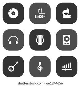 Set Of 9 Music Icons Set.Collection Of Knob, Turntable, Earphones And Other Elements.