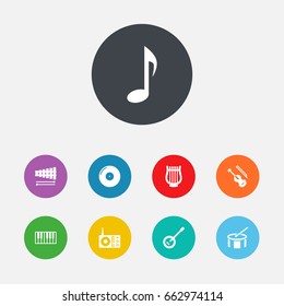 Set Of 9 Music Icons Set.Collection Of Percussion, Retro Disc, Tambourine And Other Elements.