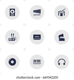 Set Of 9 Music Icons Set.Collection Of Amplifier, Tape, Turntable And Other Elements.