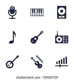 Set Of 9 Music Icons Set.Collection Of Banjo, Octave Keyboard, Knob And Other Elements.