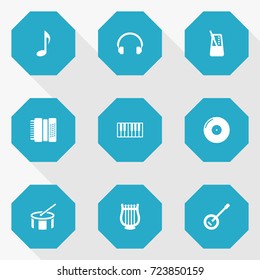 Set Of 9 Music Icons Set.Collection Of Retro Disc, Lyre, Rhythm Motion And Other Elements.