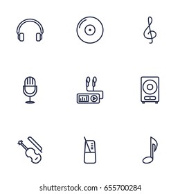 Set Of 9 Music Outline Icons Set.Collection Of Loudspeaker, Gramophone, Headphones And Other Elements.