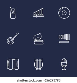 Set Of 9 Music Outline Icons Set.Collection Of Harmonica, Vinyl, Wooden Block And Other Elements.