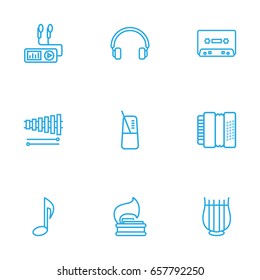 Set Of 9 Music Outline Icons Set.Collection Of Turntable, Headphones, Harmonica And Other Elements.