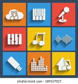 Set of 9 music vector web and mobile icons in flat design.