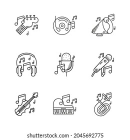 Set of 9 Musical instruments icon. Violin, Baritone tuba, Trumpet, piano, speaker guitar, musical notes and many icon sets. Entertainment and music icon. Art vector illustration set. Linear icon set.