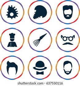 set of 9 mustache filled icons such as man hairstyle, mustache and glasses, chef, hat and bow