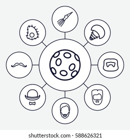 Set of 9 mustache outline icons such as mustache, man hairstyle, hat and moustache