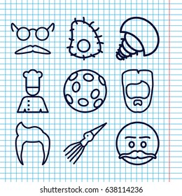 Set of 9 mustache outline icons such as man hairstyle, mustache and glasses, chef, extinct sea creature