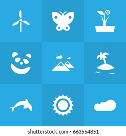 Set Of 9 Natural Icons Set.Collection Of Pinnacle, Solar, Wind Energy And Other Elements.