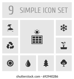 Set Of 9 Natural Icons Set.Collection Of Flowerpot, Isle Beach, Blob And Other Elements.