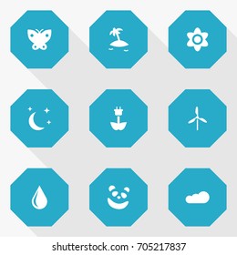 Set Of 9 Natural Icons Set.Collection Of Blob, Isle Beach, Green Power And Other Elements.