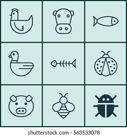 Set Of 9 Nature Icons. Includes Bumblebee, Kine, Piglet And Other Symbols. Beautiful Design Elements.