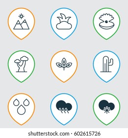 Set Of 9 Nature Icons. Includes Bush, Sprout, Raindrop And Other Symbols. Beautiful Design Elements.