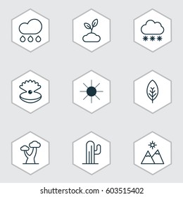 Set Of 9 Nature Icons. Includes Landscape, Rain, Plant Symbols. Beautiful Design Elements.