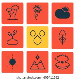 Set Of 9 Nature Icons. Includes Tree Leaf, Water Drops, Sunflower And Other Symbols. Beautiful Design Elements.