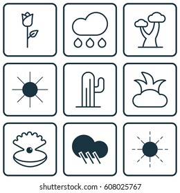 Set Of 9 Nature Icons. Includes Sunshine, Seashell, Love Flower And Other Symbols. Beautiful Design Elements.
