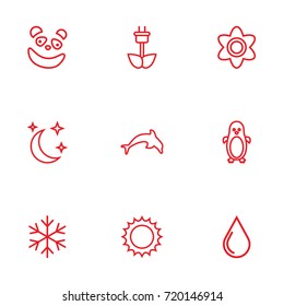 Set Of 9 Nature Outline Icons Set.Collection Of Sun, Moon With Star, Penguin And Other Elements.