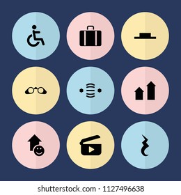 Set of 9 navigation filled icons such as arrow up, disabled, music pause, pause, play, atom interaction, binoculars