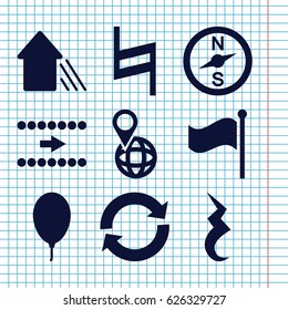Set of 9 navigation filled icons such as pin on globe, flag, pause, balloon, arrow up, reload, arrow
