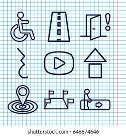 Set of 9 navigation outline icons such as escalator, map location, disabled, road, pause, door warning, play, arrow up