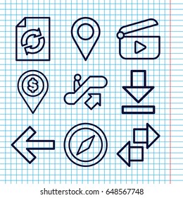 Set of 9 navigation outline icons such as escalator up, reload, download, play, location, compass, dollar location, back