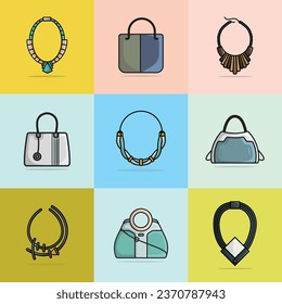 Conjunto de 9 Collares de Cuello y Hermosos Purses diseño ilustración vectorial. Concepto de icono de objetos de moda de belleza. Conjunto de accesorios de joyería de moda para mujeres diseño vectorial.