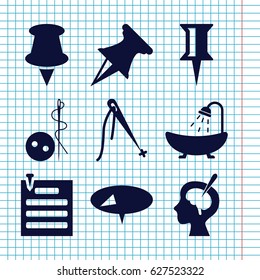 Set of 9 needle filled icons such as needle button, shower, pin, brain surgery, paper pin