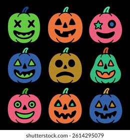 Set of 9 neon Halloween pumpkins in retro naive style. Crayon texture, playful faces, bold colors. Perfect for spooky decor, kids’ prints, stickers, and seasonal designs.