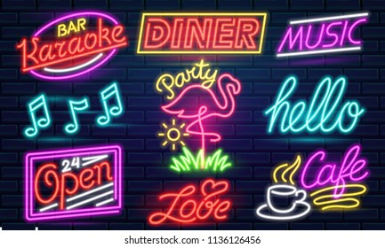 Set of 9 Neon signs for bar, night club, cafe or restaurant. Karaoke, Diner, Music Open 24 hour and flamingo. Hello word. Notes