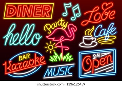 Set Of 9 Neon Signs For Bar, Night Club, Cafe Or Restaurant. Karaoke, Diner, Music Open 24 Hour And Flamingo. Hello Word. Notes