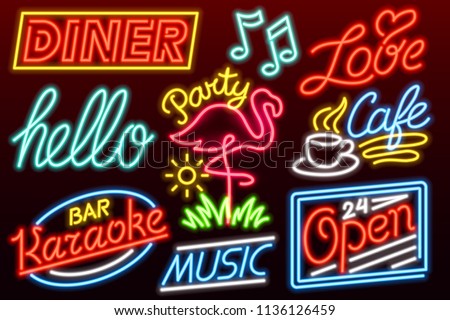 Set of 9 Neon signs for bar, night club, cafe or restaurant. Karaoke, Diner, Music Open 24 hour and flamingo. Hello word. Notes