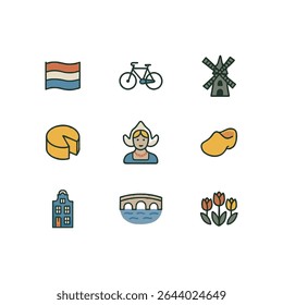 Conjunto de 9 iconos de los Países Bajos, bandera y símbolos nacionales. Ilustración de estilo de dibujos animados simple.