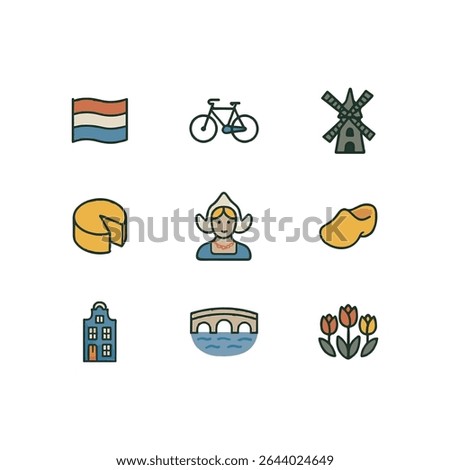 Set of 9 Netherlands icons, flag and national symbols. Simple cartoon style illustration.