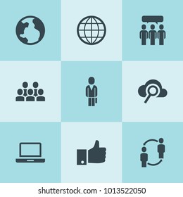 Set of 9 network filled icons such as businessman, group, globe, like, laptop, search cloud, communication
