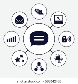 Set of 9 network filled icons such as connection, group, laptop, envelope, chat, star, security lock, signal