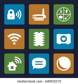 Set of 9 network filled icons such as case with heart, chat, cpu, security lock, wi-fi, marketing, home connection, sphere