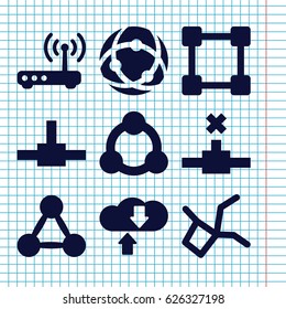 Set of 9 networking filled icons such as router, connection, network connection