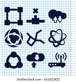 Set of 9 networking filled icons such as router, connection, cloud download upload, network connection