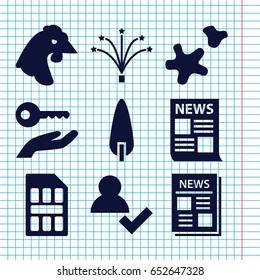 Set of 9 new filled icons such as chicken, pine-tree, news, fireworks, cookie, sim card, key on hand