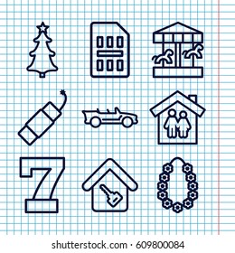 Set of 9 new outline icons such as 7 number, christmas tree, firework, cabriolet, garland, home key, sim card, family house