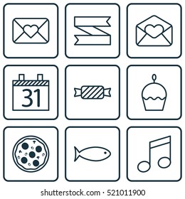 Set Of 9 New Year Icons. Can Be Used For Web, Mobile, UI And Infographic Design. Includes Elements Such As Sweet, Muffin, Pizza And More.