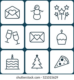 Set Of 9 New Year Icons. Can Be Used For Web, Mobile, UI And Infographic Design. Includes Elements Such As Cupcake, Greeting, Love And More.